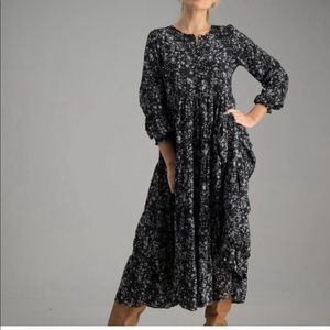 Zara The Angel Floral Midi Dress Flowy Tiered Sz S Black